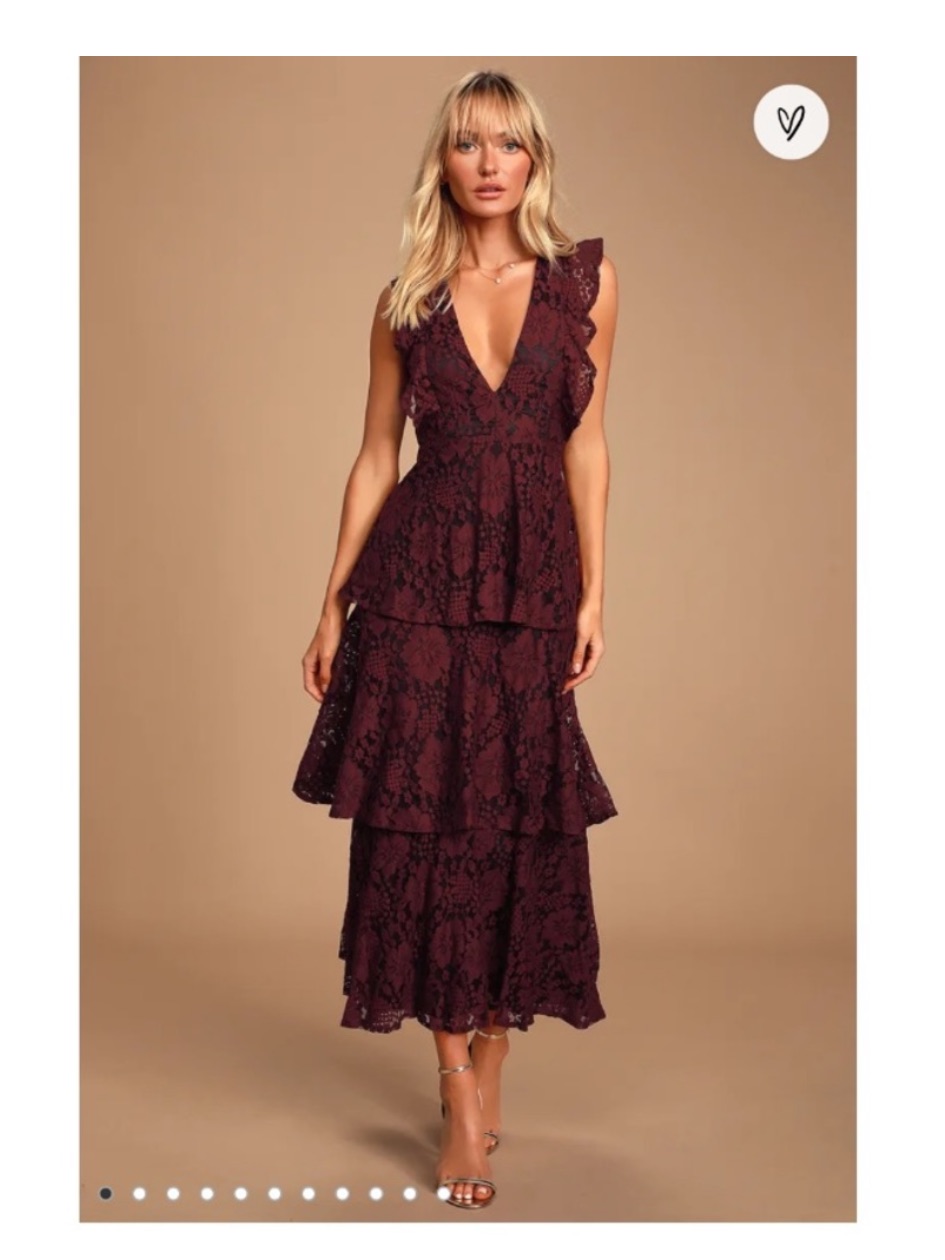 Lulus V-Neck Lace Tiered Midi Dress In Deep Burgundy